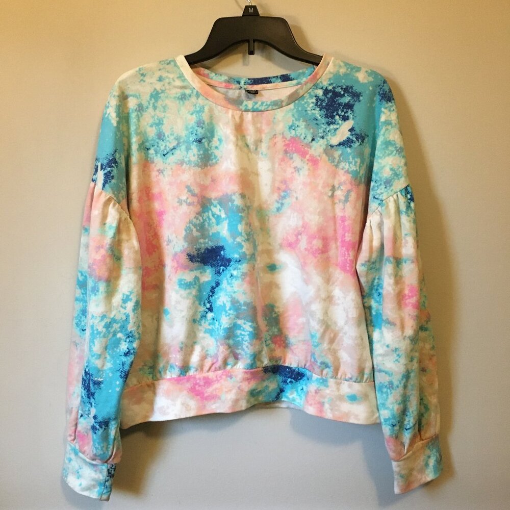 Tie Dye Cloud Printed Puffy Sleeve Cotton Blend Sweater XL Plus